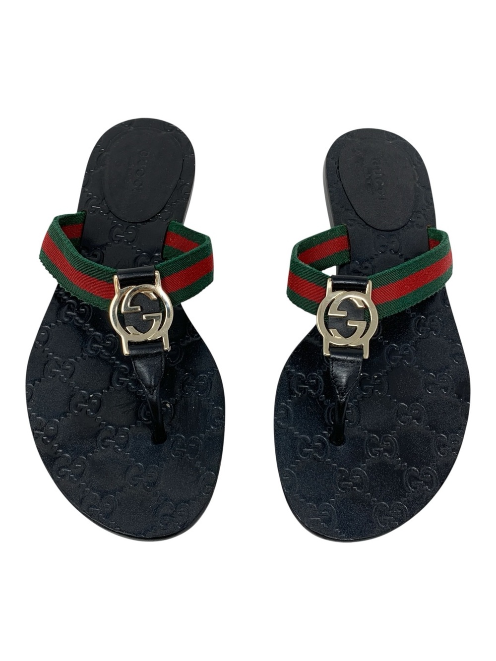 Gucci Web Stripe Interlocking GG Logo Black Leather Thong Sandals EU 36.5